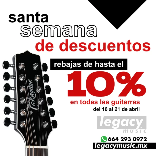 Llegó la Semana Santa 🙏🏻 con sus descuentos Santos 🔔🤩

Aprovecha del 16 al 21 de Abril las rebajas de hasta el 10% de descuento en TODAS nuestras guitarras en existencia ✔️

Contáctanos y ordena por WhatsApp al 664 293 0972 📞 o compra en línea en legacymusic.mx 👈🏻 Enviamos a todo México 🇲🇽

Compra a 3 meses sin intereses con Tarjetas de Crédito o Mercado Pago 💳 o en hasta 24 mensualidades sin tarjeta con Atrato ✔️

¡Ahora somos Legacy Music! ⚫️⚪️

Aceptamos:

•Tarjetas de crédito
•Depósito bancario/transferencia
•PayPal
•Mercado Pago
•Atrato Pago
.
.
.
.
.
.
#LegacyMusic #SemanaSanta #Docerolas #Guitarras