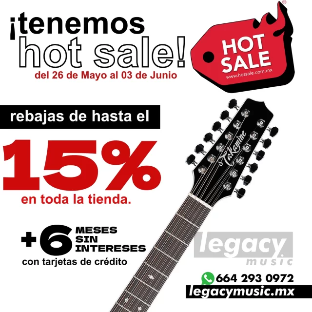 ¡En Legacy Music también estamos de Hot Sale! 🔥

Aprovecha descuentos de hasta el 15% en toda la tienda + hasta 6 meses sin intereses al pagar con tarjeta de crédito ✔️

No dejes pasar la oportunidad de adquirir ese instrumento que tienes en la mira y ahorra en este Hot Sale 🔥

Contáctanos y ordena por WhatsApp al 664 293 0972 📞 o compra en línea en legacymusic.mx 👈🏻 Enviamos a todo México 🇲🇽

Compra a 6 meses sin intereses con Tarjetas de Crédito o Mercado Pago 💳 o en hasta 24 mensualidades sin tarjeta con Atrato ✔️

¡Ahora somos Legacy Music! ⚫️⚪️

Aceptamos:

•Tarjetas de crédito
•Depósito bancario/transferencia
•PayPal
•Mercado Pago
•Atrato Pago
.
.
.
.
.
.
#LegacyMusic #Docerolas #Guitarras HotSale #HotSale2025